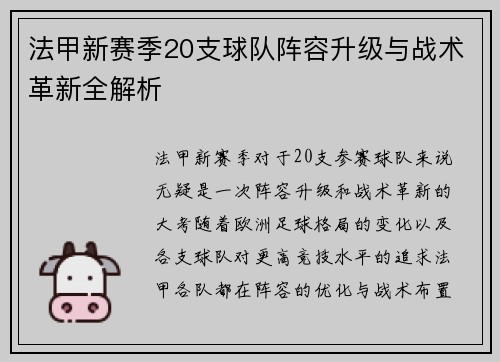 法甲新赛季20支球队阵容升级与战术革新全解析