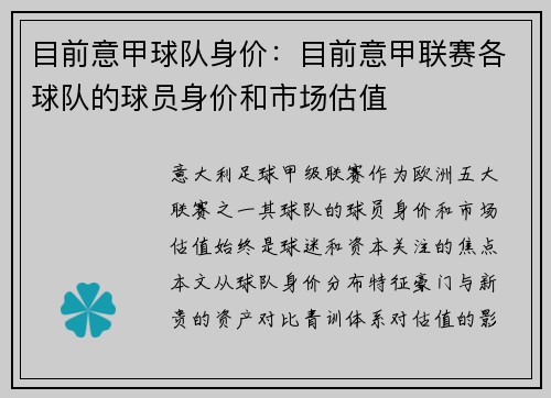 目前意甲球队身价：目前意甲联赛各球队的球员身价和市场估值