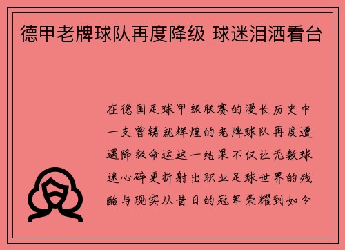 德甲老牌球队再度降级 球迷泪洒看台